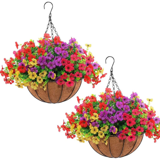 2 Set Artificial Outdoor Flowers with Hanging Basket, 2 Hanging Planters with 24 Pcs Flowers for Spring Summer Front Porch Gard