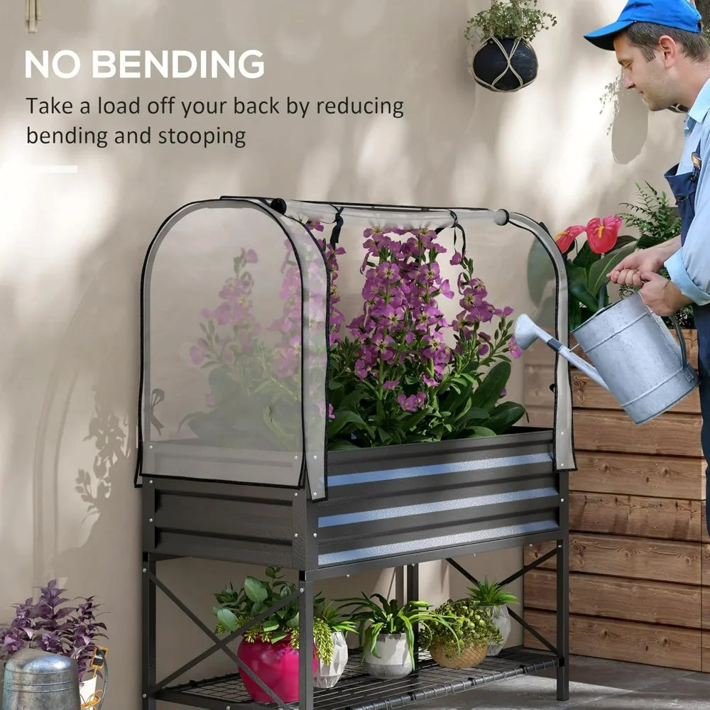 Outsunny Raised Garden Bed with Cover and Storage Shelf, Rectangular Metal Elevated Planter Box with Legs and Bed Liner