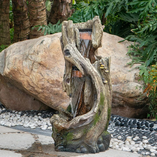 17.5x15.5x39.5 Indoor Outdoor Tree Trunk Fountain, Polyresin Floor Standing Waterfall Fountain with Light, Natural Water Feature