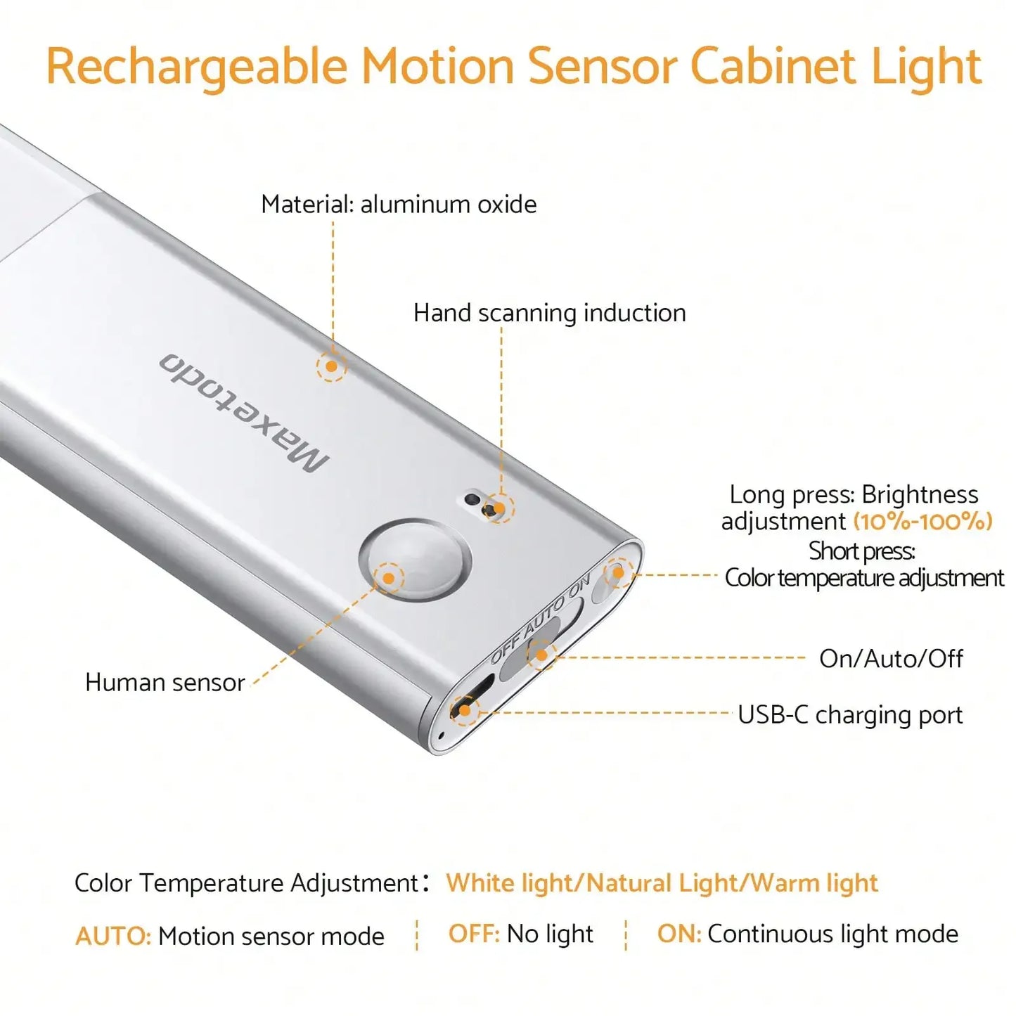 Under Cabinet Lights 64 LED Sensor Magnetic 3000mAh Rechargeable 3 Color Temperature Energy Class A Night for Cupboard Stairs